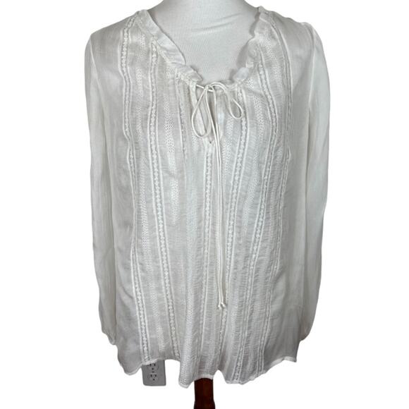 Alice + Olivia Sheer White Peasant Blouse w Lace Detail and Tie Neck Sz S - Picture 1 of 7